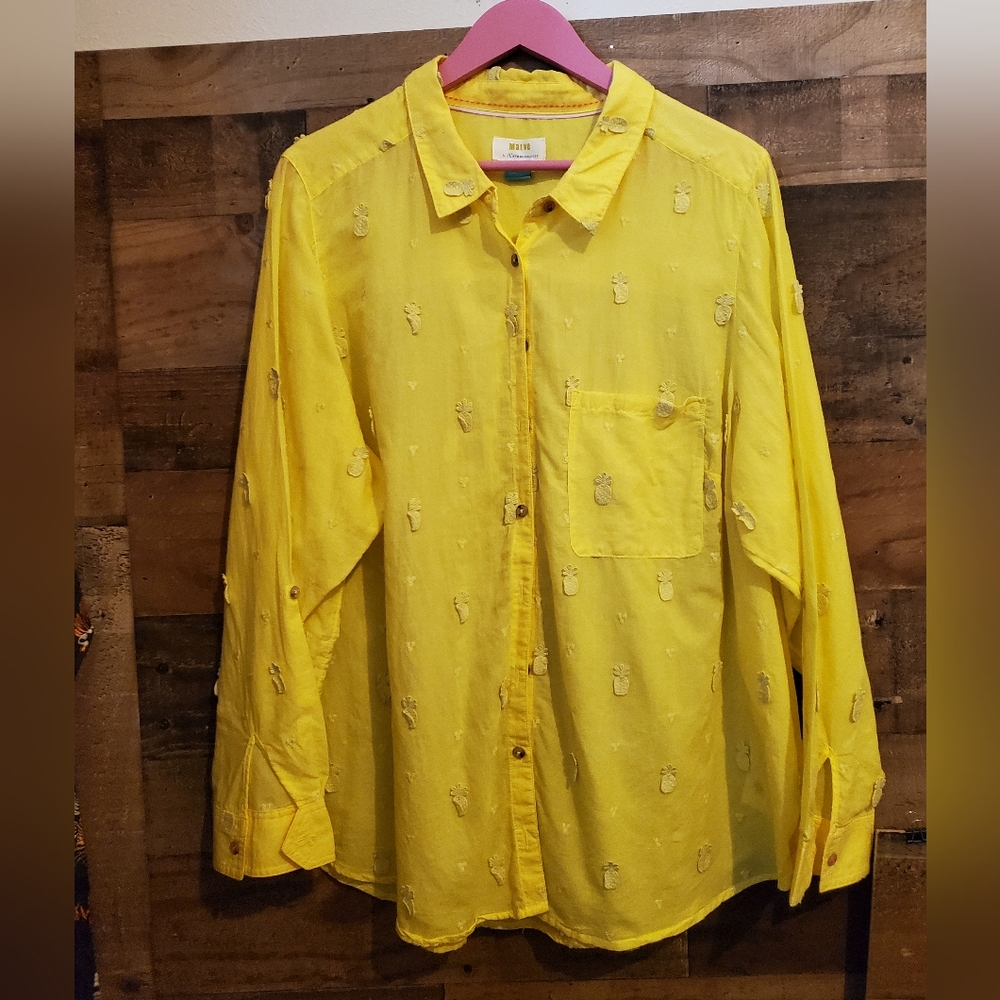 Maeve Yellow Pineapple Embroidered Button Up Shirt Cotton Office Plus Size Sz 22 - Picture 2 of 12